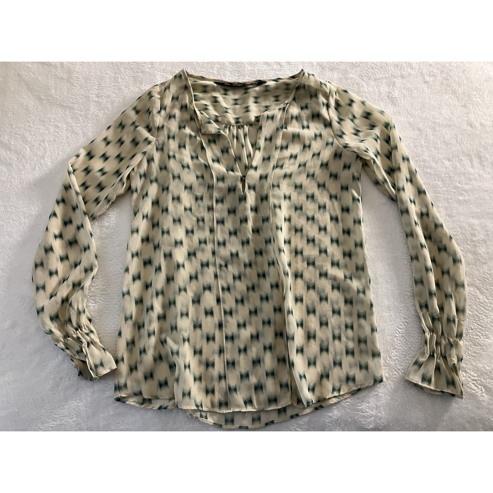 Zara Turquoise & Ivory Graphic Print Blouse Size XS Semi Sheer